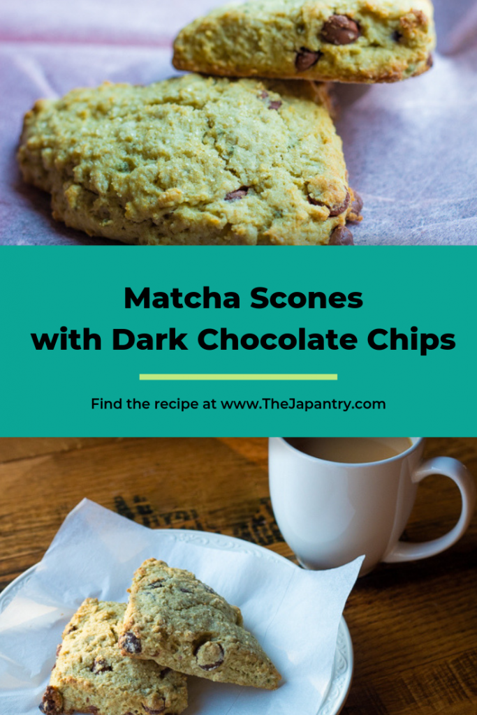 Pinterest graphic for matcha scones with dark chocolate chips