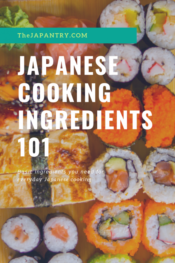 Pinterest graphic for basic Japanese ingredients for everyday cooking
