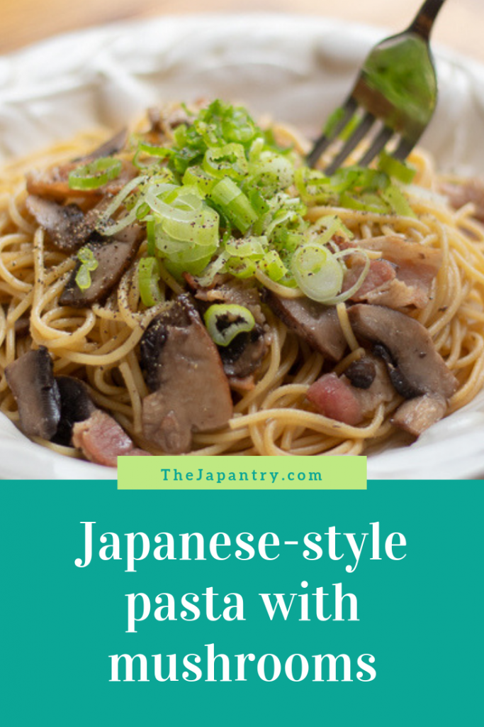 Pinterest graphic for Japanese style pasta with mushrooms