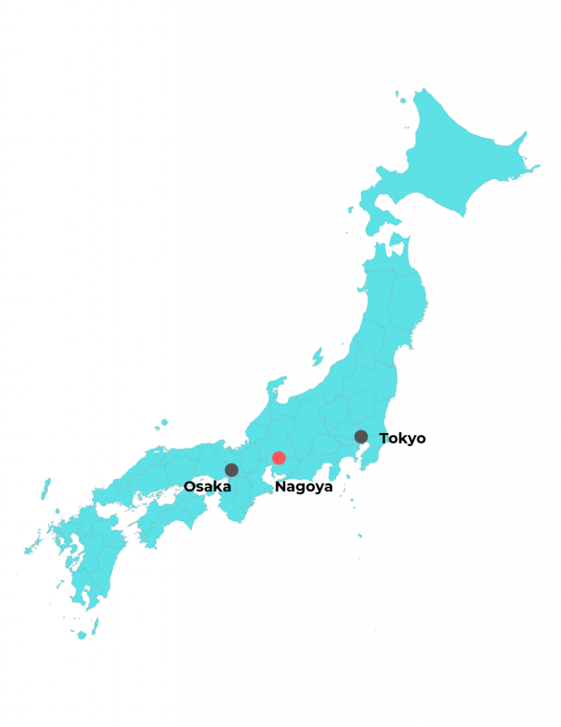 Map of Japan showing the location of Nagoya between Tokyo and Osaka