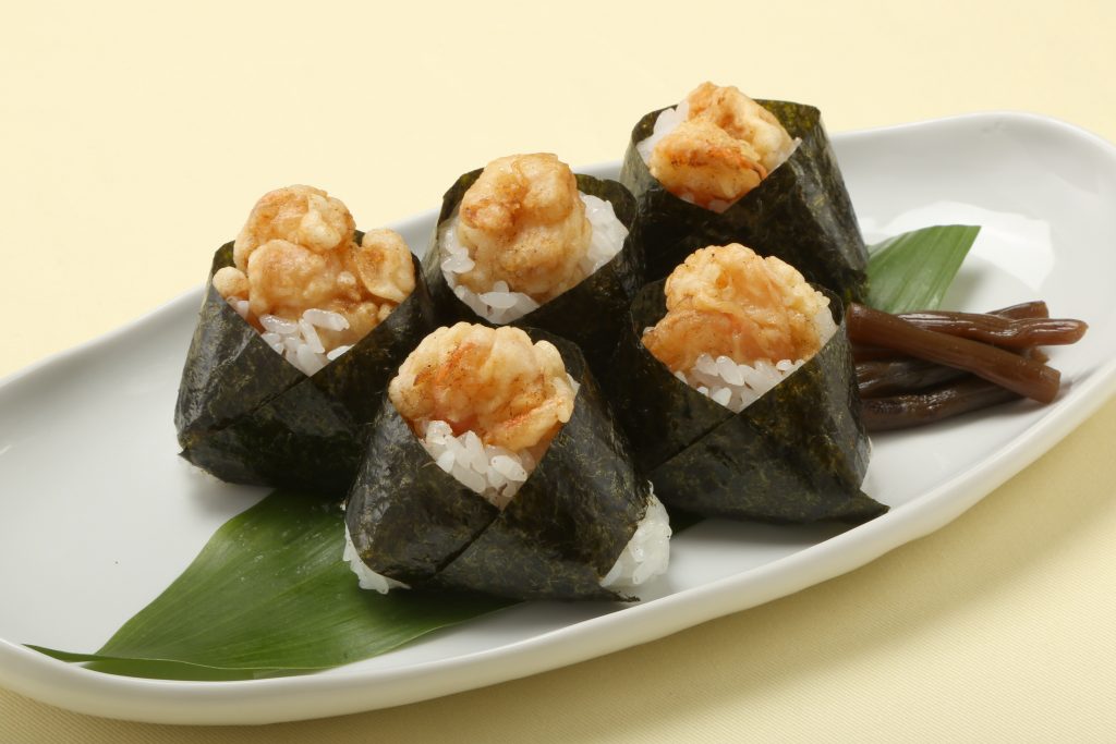 Tenmusu, onigiri rice balls with shrimp tempura inside