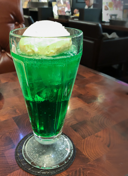 Melon soda at a coffee shop in Japan