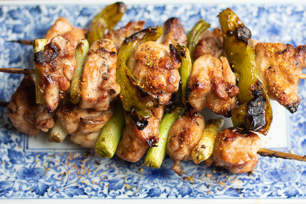 Yakitori Japanese Grilled Chicken Skewers with Shishito Peppers and Green Onions