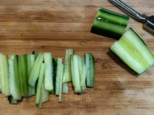 Sliced cucumbers for Japanese Pasta Salad