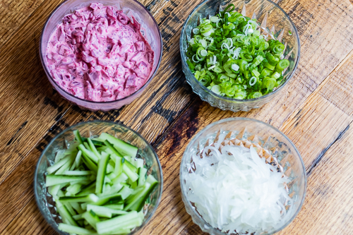 Sushi vegetable ingredients - spicy beets, green onions, cucumbers, onions