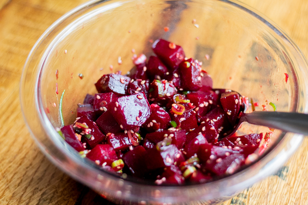 Diced spicy beets in a bowl
